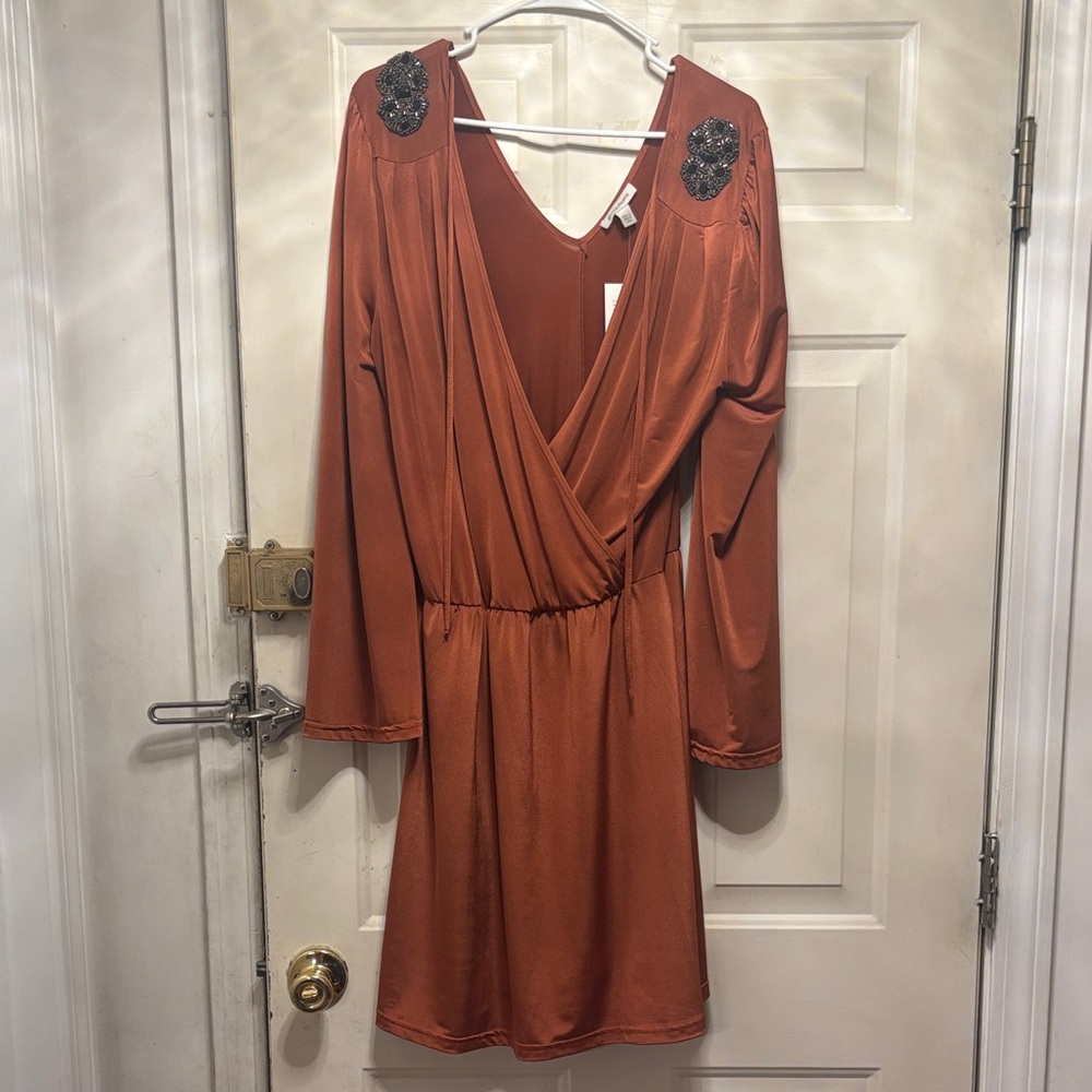 Boston Proper Rust Long Sleeve Dress with Sequin Accents